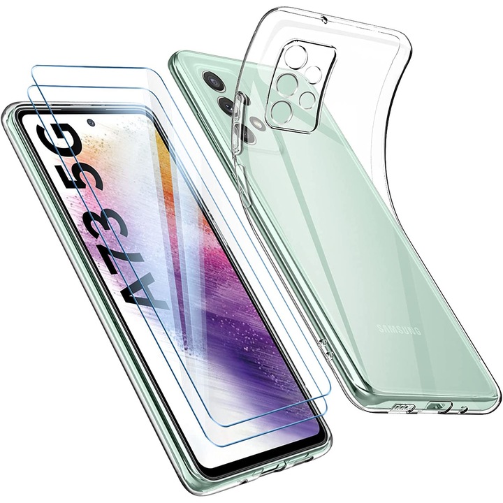 Комплект от 3 аксесоара, калъф и 2 защитни фолиа за телефон, силикон/защитно стъкло, съвместим с Samsung Galaxy A73 5G, прозрачен