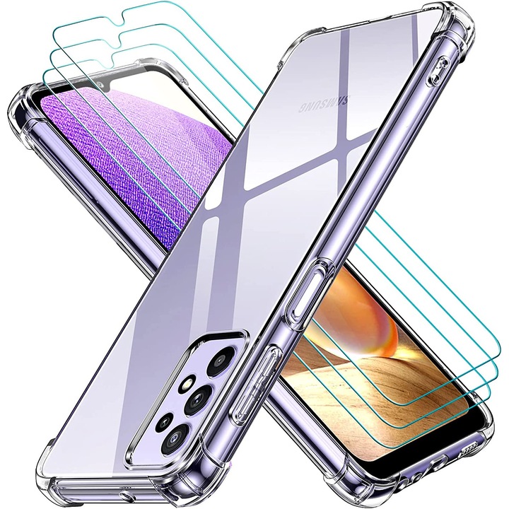 Калъф, За Samsung Galaxy A32 5G, Със закален стъклен протектор от 3 части, Противоударен, Силиконов, Тънък мек, TPU, Прозрачен