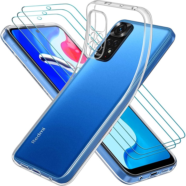 Set husa si 3 folii protectie ecran, TPU/Sticla, Compatibile cu Xiaomi Redmi Note 11 4G/Xiaomi Redmi Note 11S, Transparent