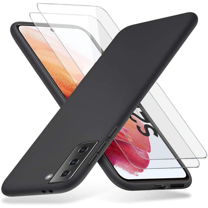Комплект от 3 аксесоара за телефон, Калъф и 2 защитни фолиа, Силикон/Защитно стъкло, Съвместим с Samsung Galaxy S21 5G, Черен/Прозрачен