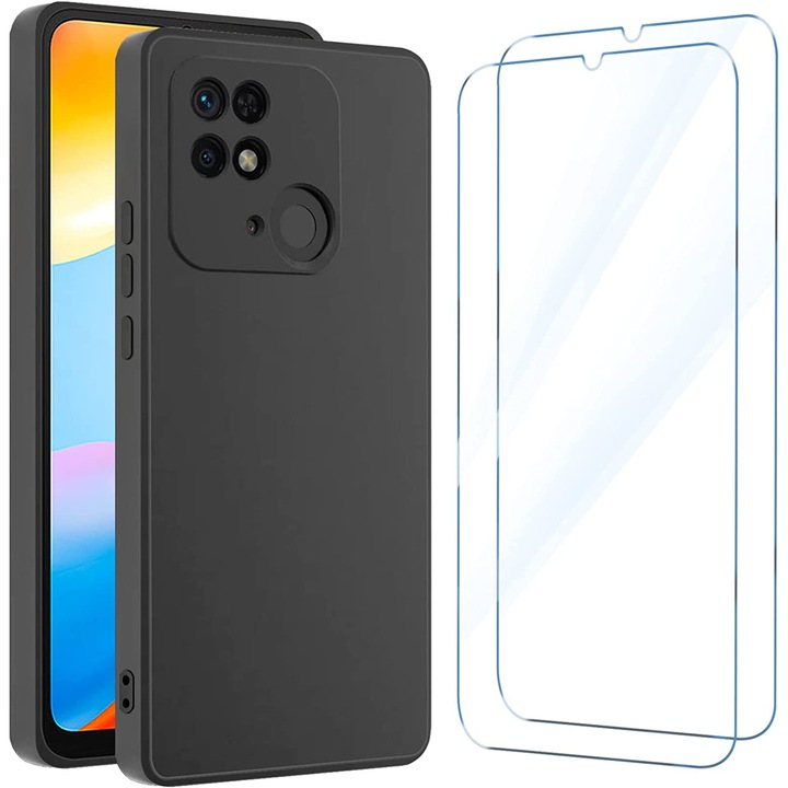 Set husa telefon si 2 folii protectie ecran, Silicon, Pentru Xiaomi Redmi 10C 5G, Transparent/Negru