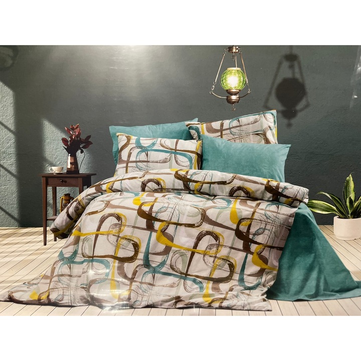 Set lenjerie de pat 2 persoane, Bumbac, Deluxe, 4 Piese, cu model, Multicolor, 200 x 220 cm