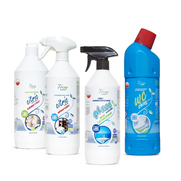 Kit de curatare baie, Home Concept, Solutie universala 1 l, Solutie geamuri 1 l, Solutie pentru rosturi 1 l, Gel de toaleta 1 l