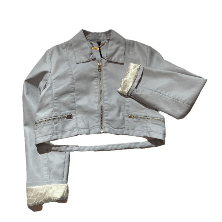 Geaca albastra, piele sintetica, scurta in talie cu maneca lunga, Albastru deschis