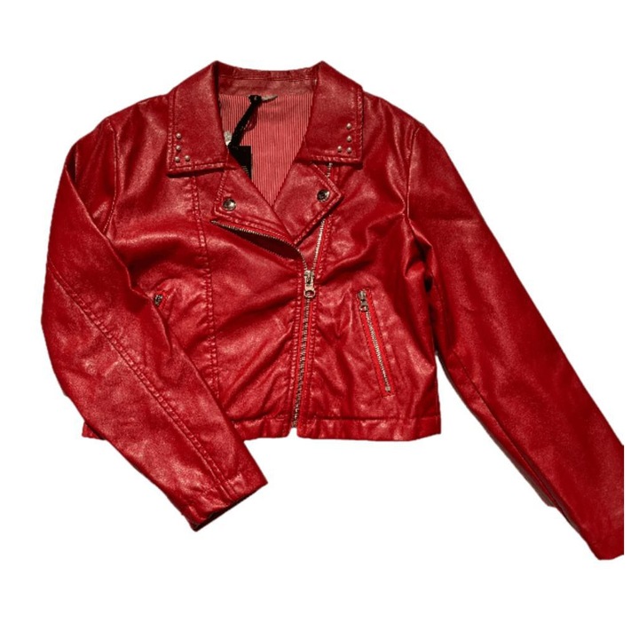 Geaca rosie, piele sintetica, scurta in talie cu maneca lunga, Rosu