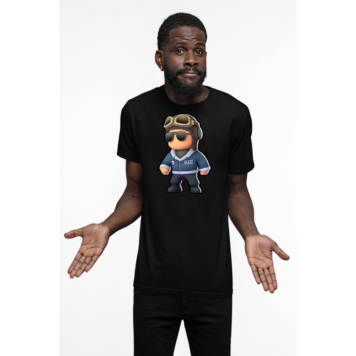 Tricou personalizat pentru barbati cu imprimeu, Stumble Guy - Pilot Crasher, Negru, Bumbac, S