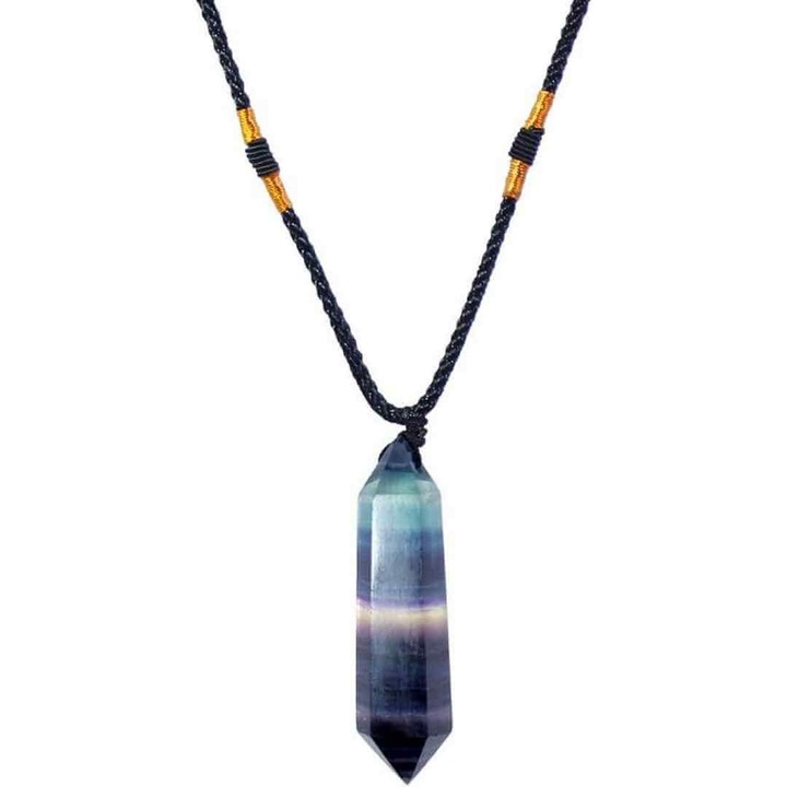 Колие с цветен лечебен кристал флуорит 4-5 см, CraftMystic, шестоъгълна форма с двоен връх и черна сатенена торбичка, за защита, воля и късмет