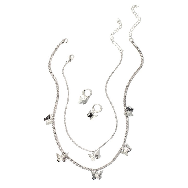 Set 2 coliere cu cercei cu fluture, Nevermore, Argintiu