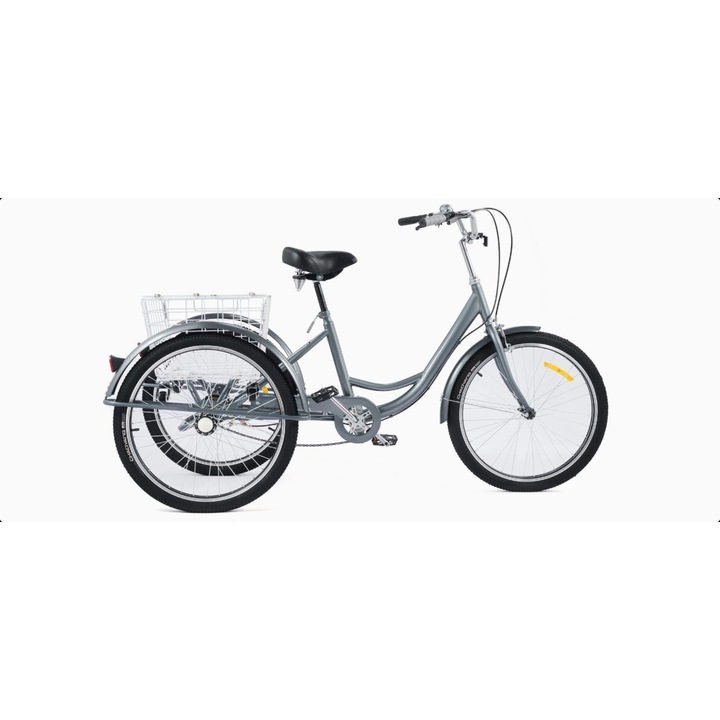 Триколесен велосипед за възрастни, 24 цола, 2 спирачки, мобилен товарен кош, Сив