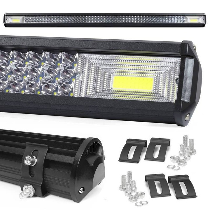 Lampa de lucru LED Interlook 612W, 156 diode CREE 3W, 2 diode COB 72W, Diamond White, 114x8x7cm, set cu 4 suporturi ajustabile