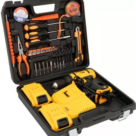 Pachet promo: Masina de gaurit 36V, autofiletanta cu percutie, 2 acumulatori si 30 accesorii incluse, Negru/Galben + Set 16 burghie combinate 2 – 10 mm pentru beton lemn metal, Tolsen