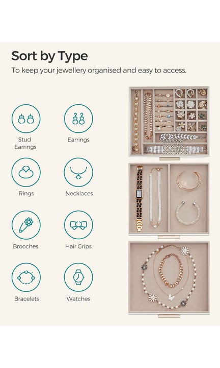 Songmics Ékszerdoboz, MDF/műbőr, 19 rekeszes, fehér/bézs