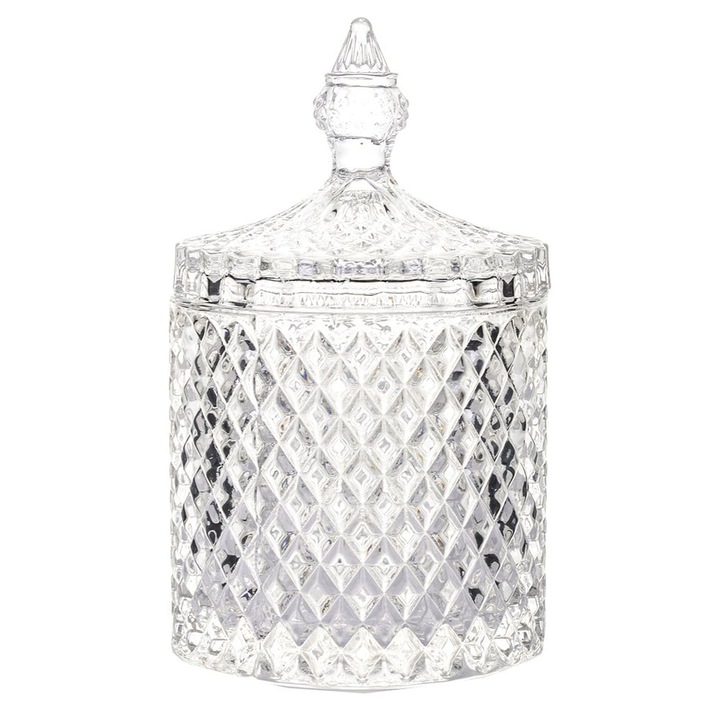Bomboniera eleganta Pufo Luxury din sticla cu capac, 14 cm, transparent