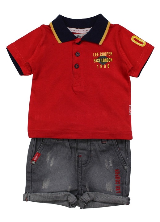 Compleu Lee Cooper, Set haine copii din 2 piese, Tricou Polo Rosu si Blugi Gri, 6 Luni