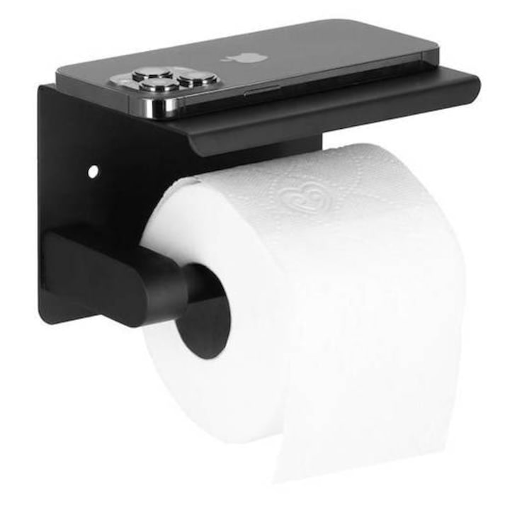 Springos WC-papír tartó, öntapadó fürdőszobai kiegészítő, acél, 14 cm, fekete
