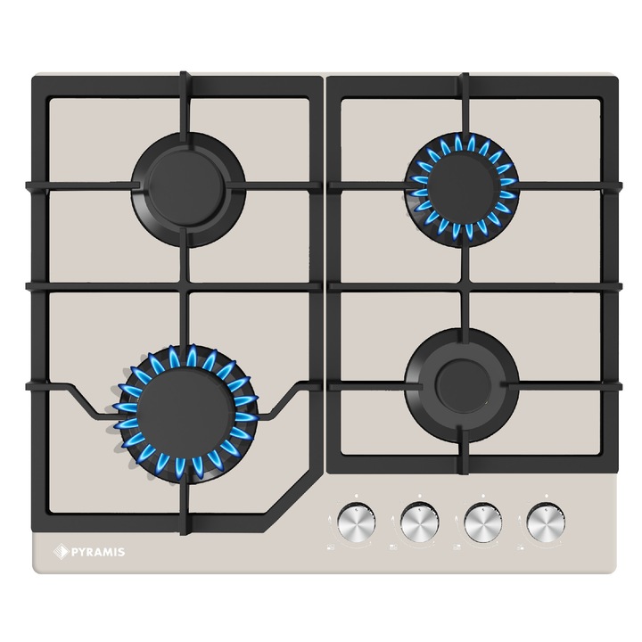Plita gaz Pyramis 60PG 6603, 4 arzatoare, gratare fonta, butoane frontale, 60x51cm, finisaj sticla bej