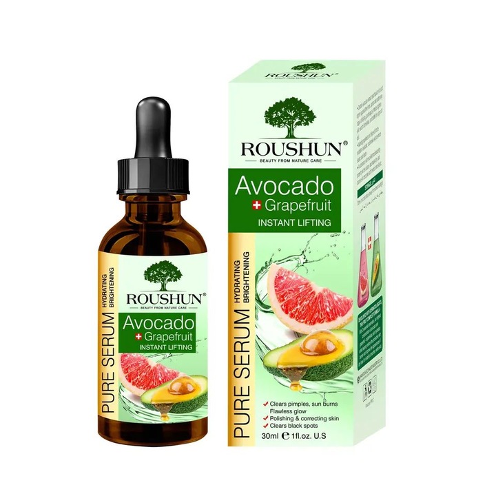 Ser Cu Extract De Avocado Si Grapefruit, Roushun, Antirid, Anti-Imbatranire, Iluminator, Hidratare Profunda, Regenerare, Efect Antioxidant, Potrivit Pentru Ten Normal Si Sensibil, Textura Usoara, Absorbtie Rapida, 30 ml, Transparent