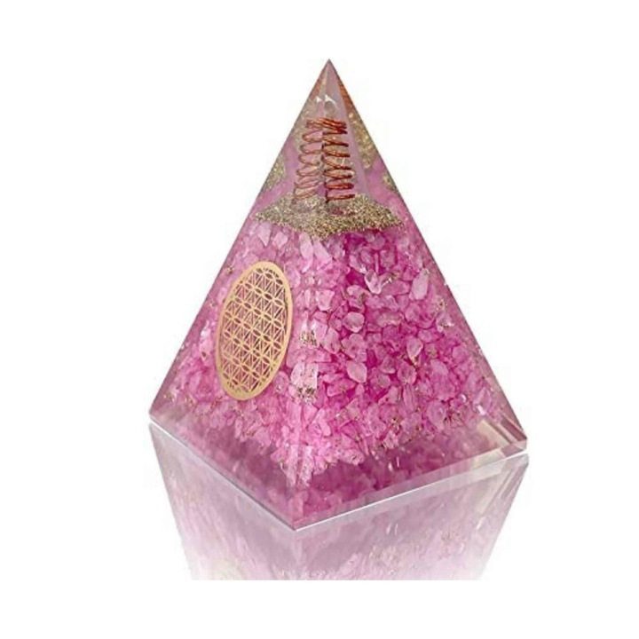 Piramida orgonica cuart roz si simbolul floarea vietii 8 cm – incurajeaza speranta, sensibilitatea, intuitia si abilitatile psihice