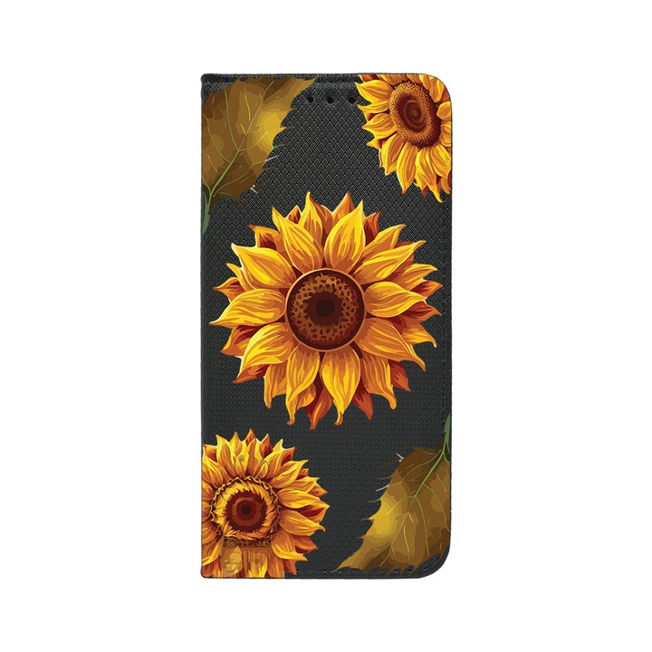Oldalra nyíló Flip Cover telefontok, Huawei Nova 5T / Honor 20, Sun Flower, szilikon belső, kártyatartó, állvány funkció, FLB 1070