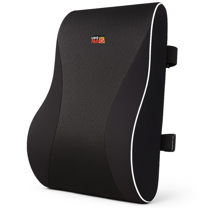 Perna lombara completa Linomag®, Suport lombar pentru scaun de birou sau masina, Spuma cu memorie, Negru, 44 x 40 x 13cm