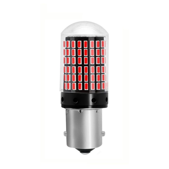 Bec Auto LED P21W/BA15S/1156, AutoREY® Premium, CANBUS Fara Eroare Cu 144 LED-uri SMD 3014, Lumina Rosie Puternica 3000K, Potrivit Pentru Frana, Pozitie Spate, Semnalizare, Marsarier Sau DRL Lumini De Zi, Instalare Plug & Play, Durata Lunga De Viata