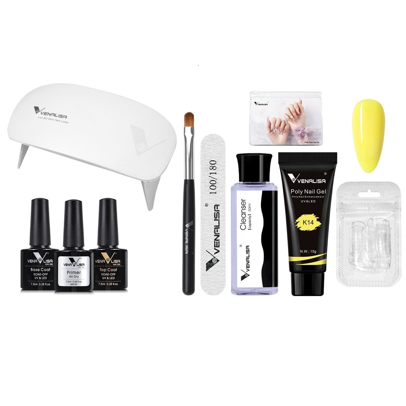 Kit mini polygel, Venalisa, lampa LED 6W, primer, base coat, top coat