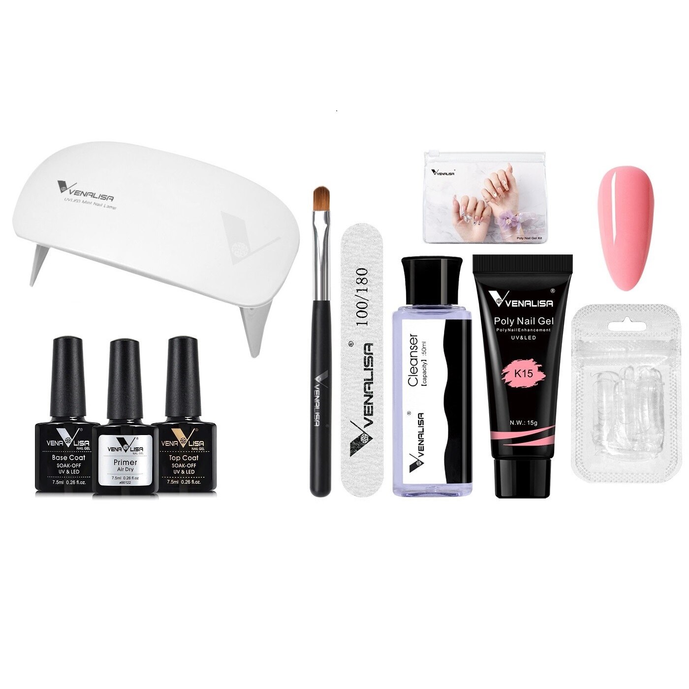 Kit mini polygel, Venalisa, lampa LED 6W, primer, base coat, top coat
