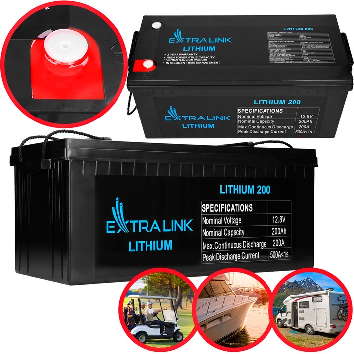Акумулатор, LiFePO4, 12V, 200Ah, Extralink, Лек, Издръжлив, За каравани и лодки