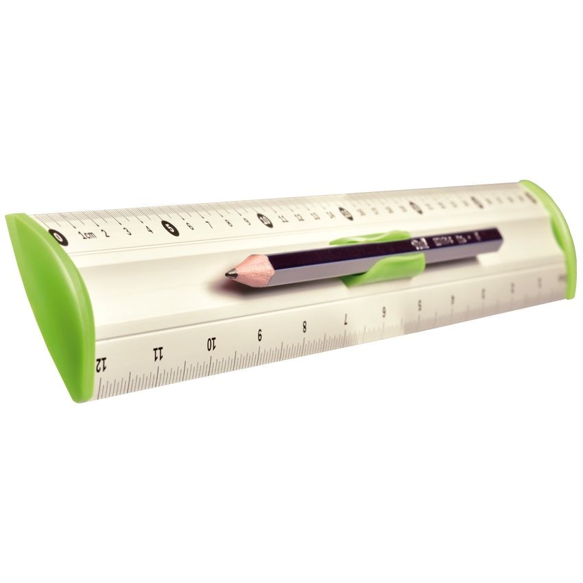 Rigla scolara, Aluminiu, Cu suport pentru creion, 30 cm, Verde/Bej ...