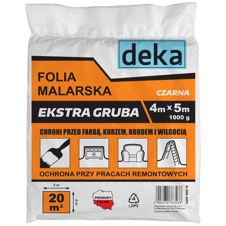 Защитно фолио за боядисване, DEKA, 4х5 м, 1000 г, Черно