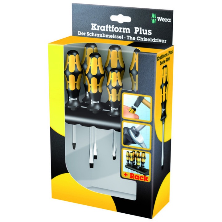 Комплект от 6 ударни отвертки Wera, PLUS 900, Kraftform, Жълт/черен