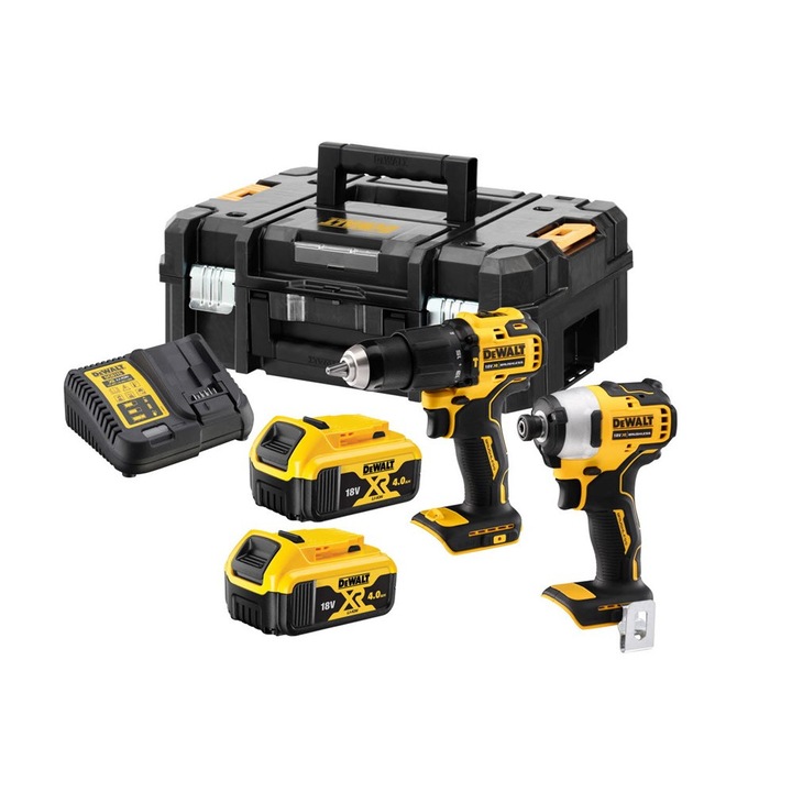 Комплект акумулаторни инструменти, DeWALT, Li-Ion, 18V, 2 x 4.0Ah, DCD709, DCF809, Черен, Жълт