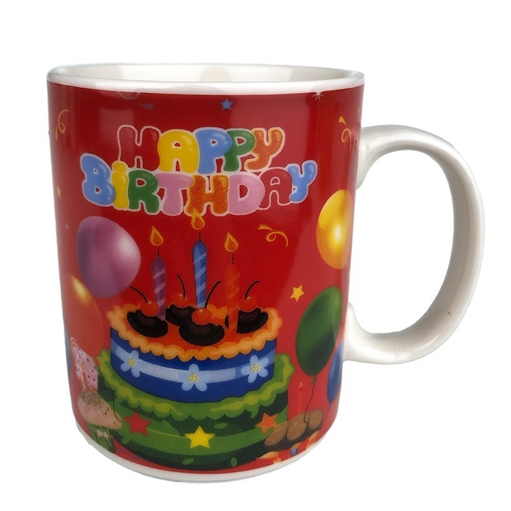 Cana cu lingurita, Happy Birthday, ceramica, 200 ml, 8X9 cm, M2