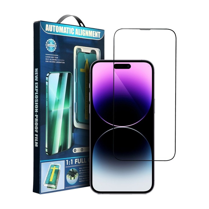 iPhone 13 / 13 Pro / 14 / 16e kompatibilis üvegfólia, előlapi, 5D, edzett, hajlított, felhelyezést segítő kerettel