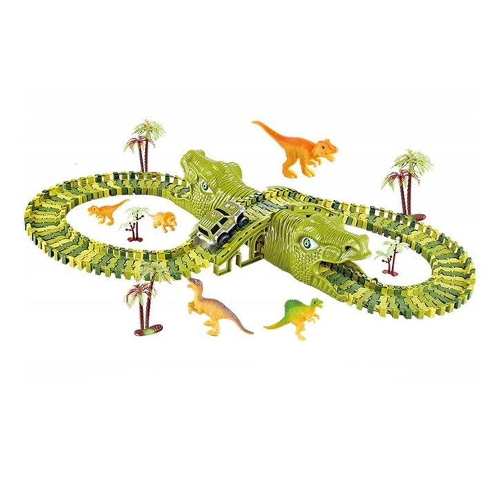 Interaktív játék, Dino Park elektromos autó versenypálya, 140 db pályaépítéshez, 6 különböző dinoszaurusz és dekorációs kiegészítők, Zöld
