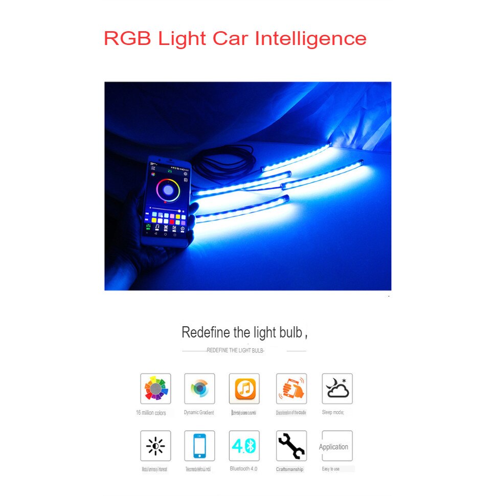 Комплект LED лента 5050 RGB за автомобил, контрол чрез приложение, 4 ...
