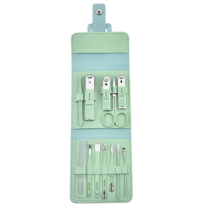 Trusa Manichiura Pedichiura, profesionala, 12 piese, otel inoxidabil, pila de sticla, foarfeca, unghiera, cleste si impingator cuticule, Etui depozitare elegant, Verde