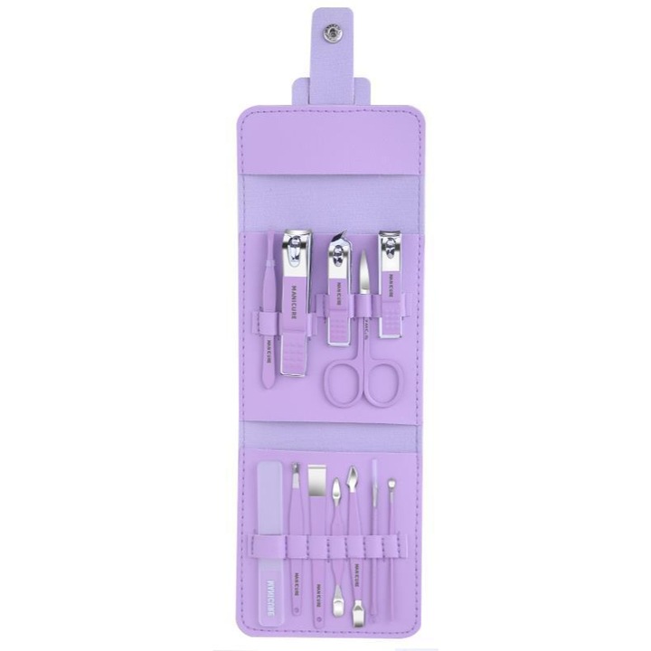 Trusa Manichiura Pedichiura, profesionala, 12 piese, otel inoxidabil, pila de sticla, foarfeca, unghiera, cleste si impingator cuticule, Etui depozitare elegant, Violet