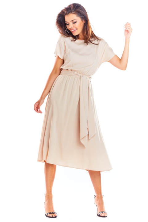 Midi Rochie Maneca scurta, Viscoza Galben A296, Bej