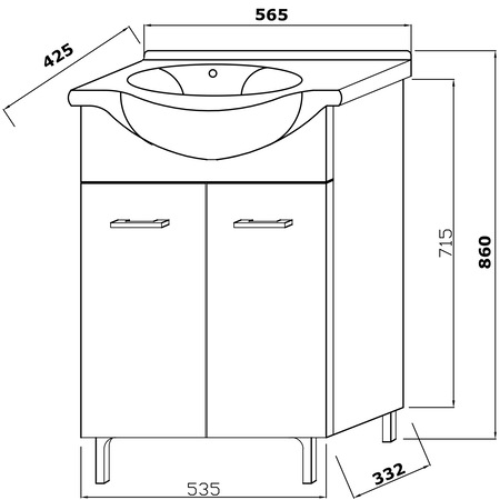 Baza mobilier Kring Rovere Scuro, cu doua usi si lavoar ceramic, 56.5x86x42.5cm, Stejar antracit