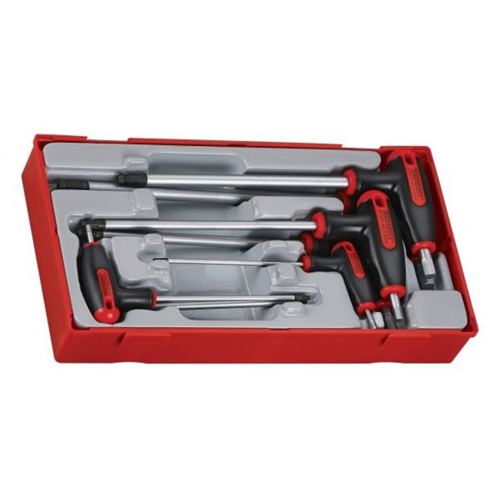 Set 7 chei hexagonale cu maner in T Teng Tools, Negru/Rosu