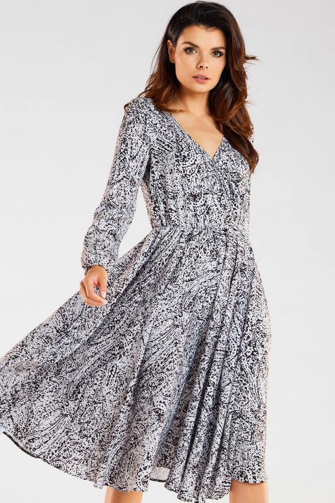 Миди рокля принт дълъг ръкав A466, Бял/Черен