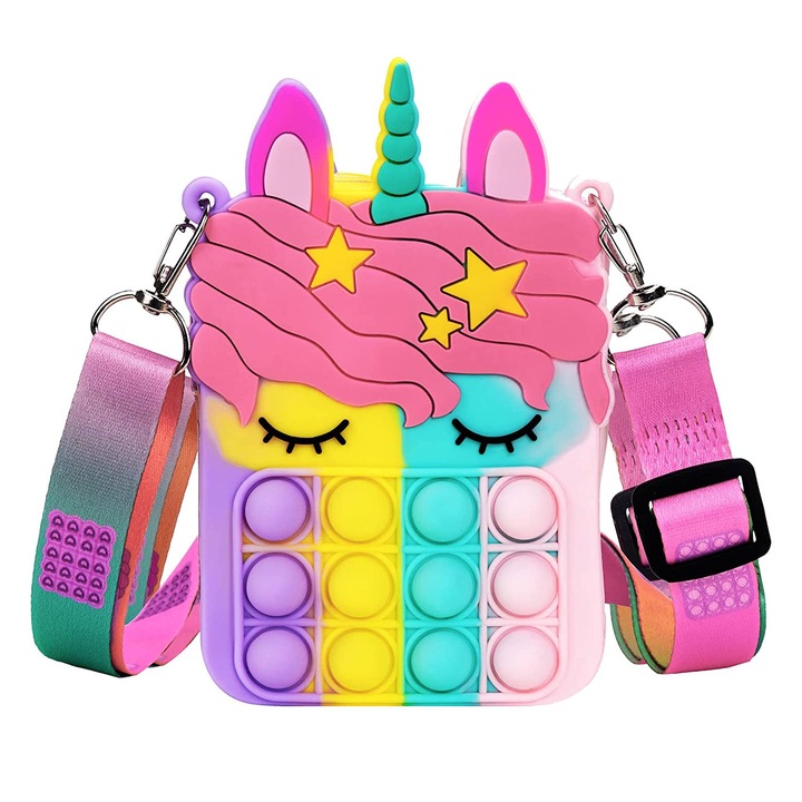 Антистрес играчка Pop It Bag, силиконова, модел еднорог, подходяща за момчета и момичета под 14 години, многоцветна