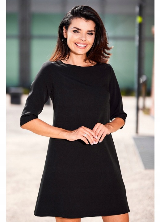 Rochie trapez mini cu maneca 3/4, Awama, Negru, M