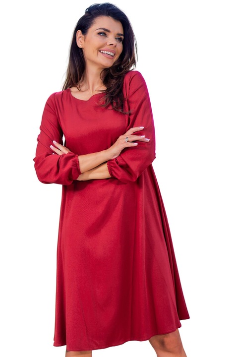 Rochie trapez din viscoza cu maneci lungi, Awama, Rosu