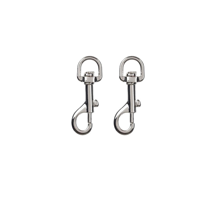 Комплект от 2 метални карабинера, въртящи се на 360 градуса, максимално поддържано тегло 30 кг, 2x7 см, сребро