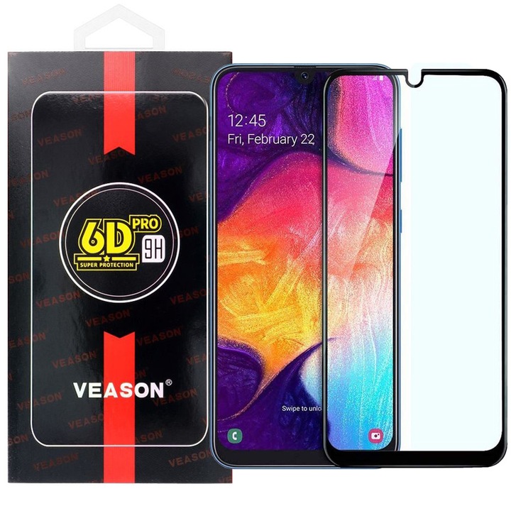 Samsung Galaxy A50 / A30s kompatibilis üvegfólia, előlapi, edzett, hajlított, fekete kerettel, Veason 6D Pro