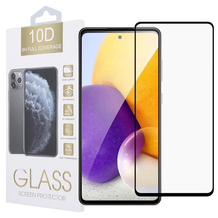 Samsung Galaxy A73 5G / Motorola Moto E32 / E32s / G22 4G kompatibilis üvegfólia, előlapi, 10D, edzett, hajlított, fekete kerettel