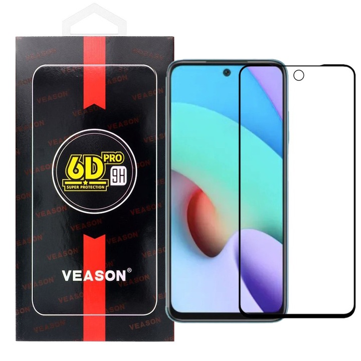 Xiaomi Redmi 10 / Redmi 10 2022 kompatibilis üvegfólia, előlapi, edzett, hajlított, fekete kerettel, Veason 6D Pro