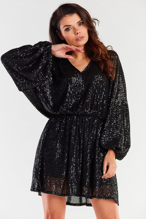 Rochie stralucitoare cu maneci largi, Awama, Poliester, Negru, One size